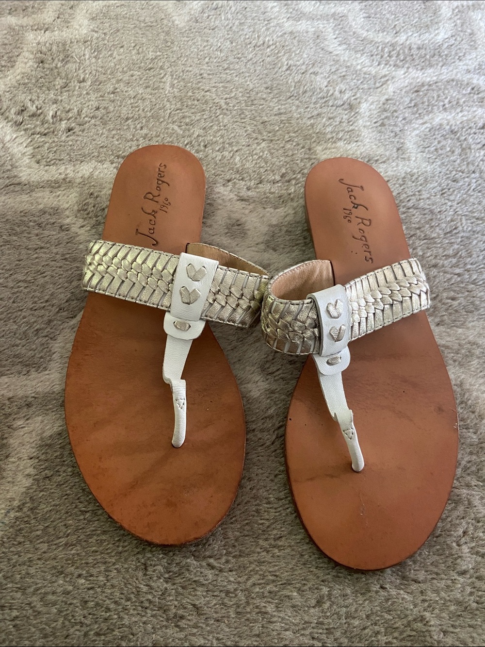 Jack Rogers White and Metallic Silver Woven Thong Sandals